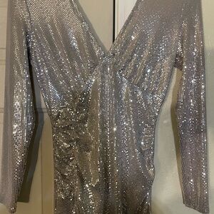 Venus Silver Sequin Long Sleeve Hi-Lo Gown-Size Small US